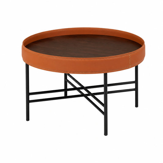 Table basse, en noyer et cuir, coloris naturel, pour le salon